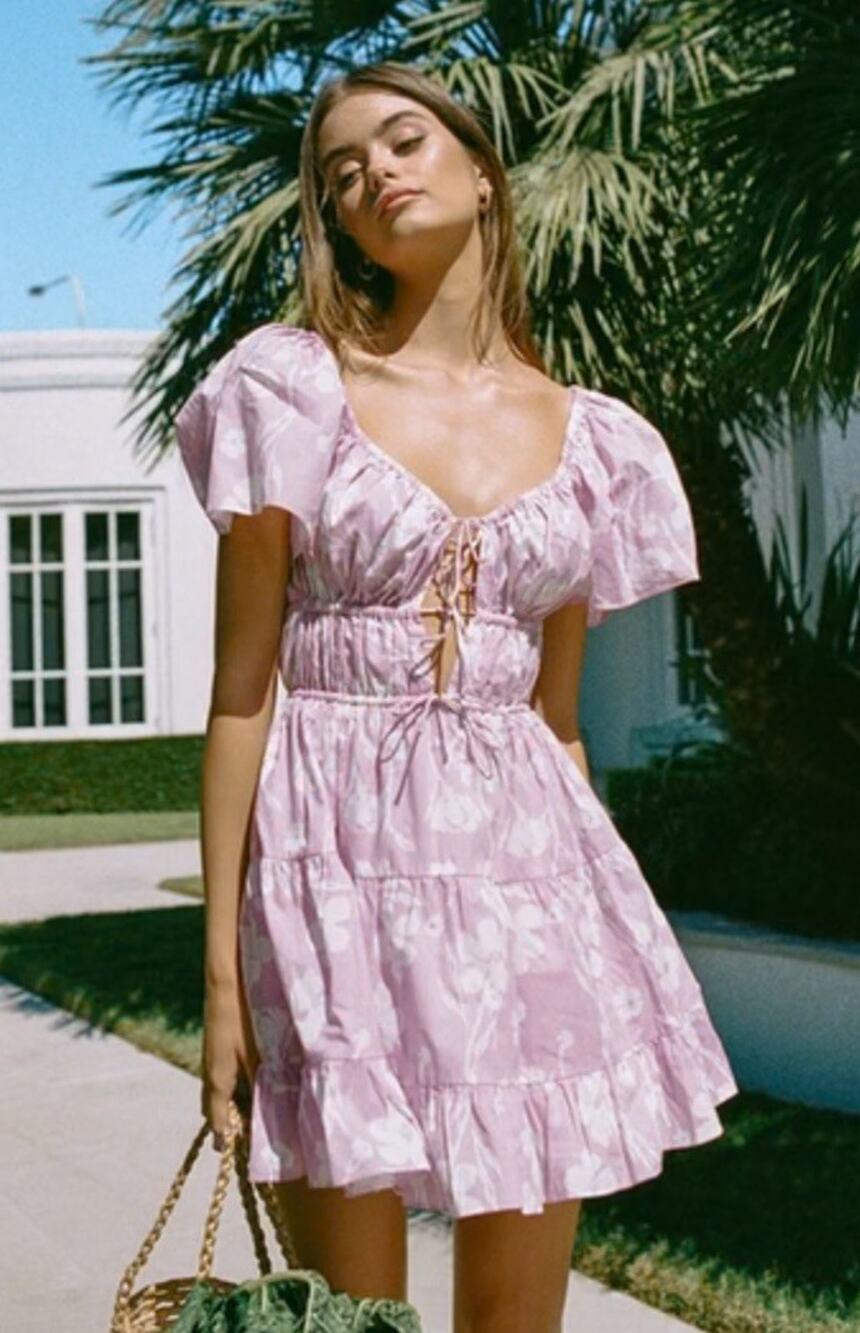 Sabo Skirt Koami Dress Mini Milkmaid Floral Purple XS Tie Plunge Resort Puff